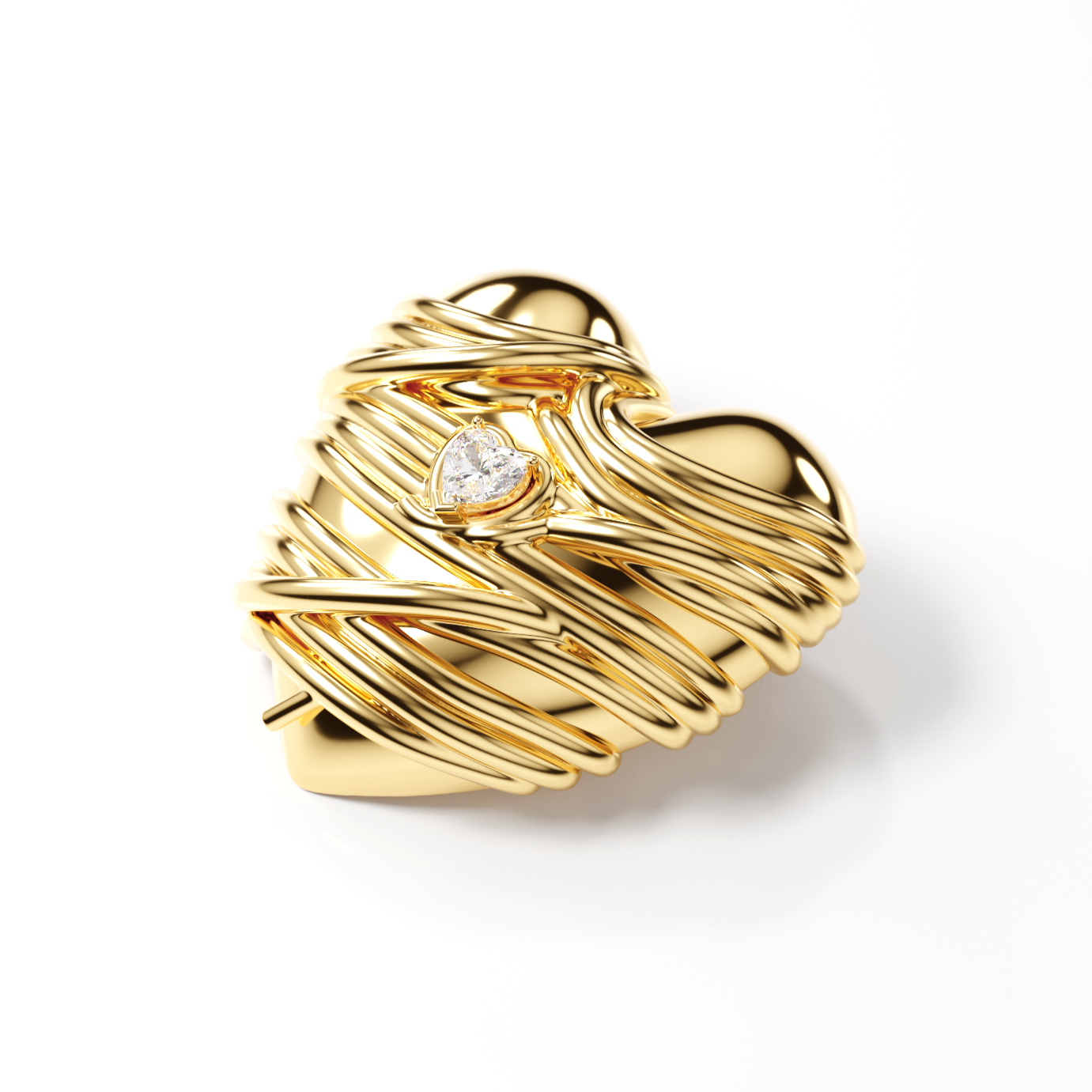 Cocoerow Large Heart Pasta Earring 14K Yellow Gold White Diamond Sculptural Fine Jewelry Front View