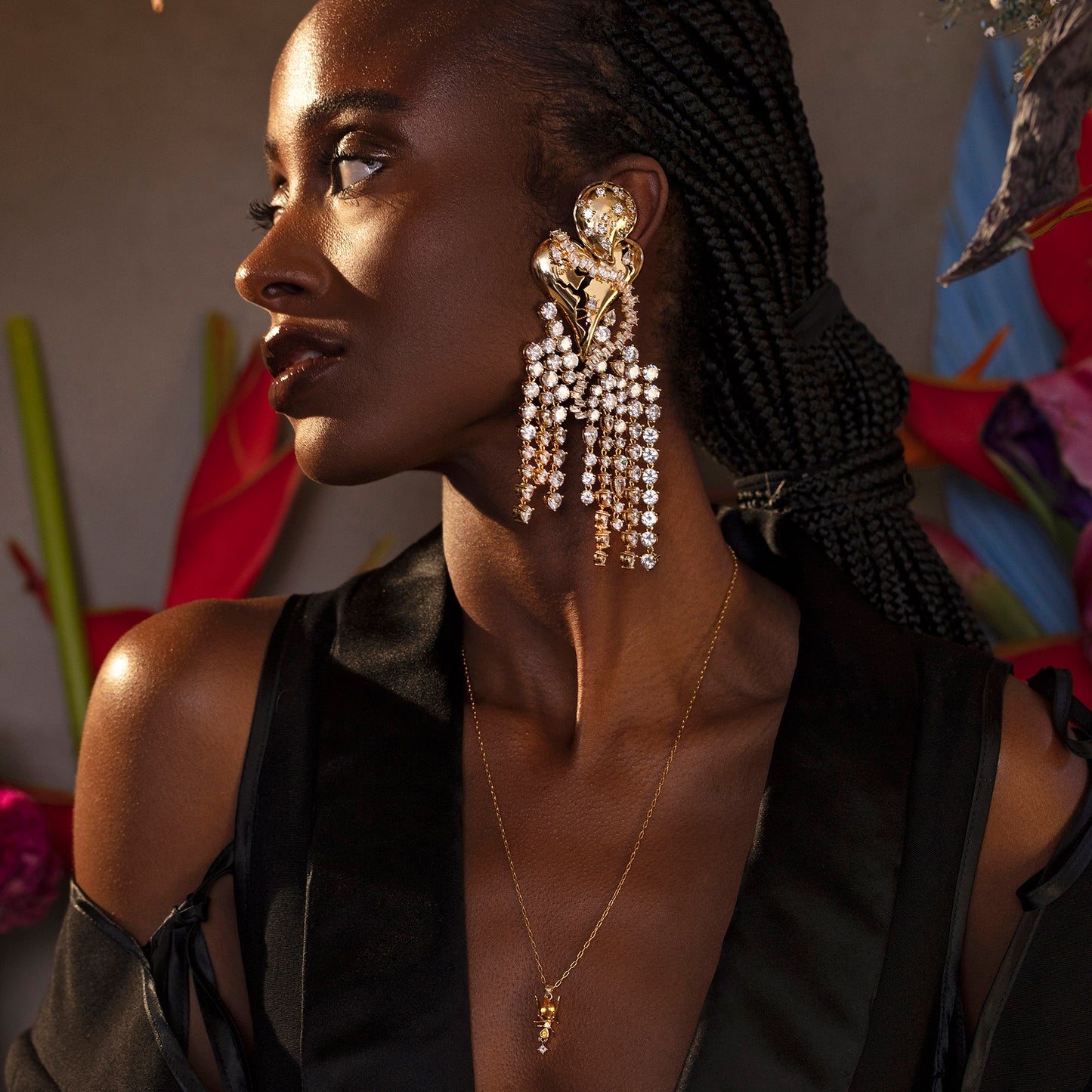 Cocoerow Statement Earring 14K Yellow Gold Crystal Sculptural Fine Jewelry On Model Side View