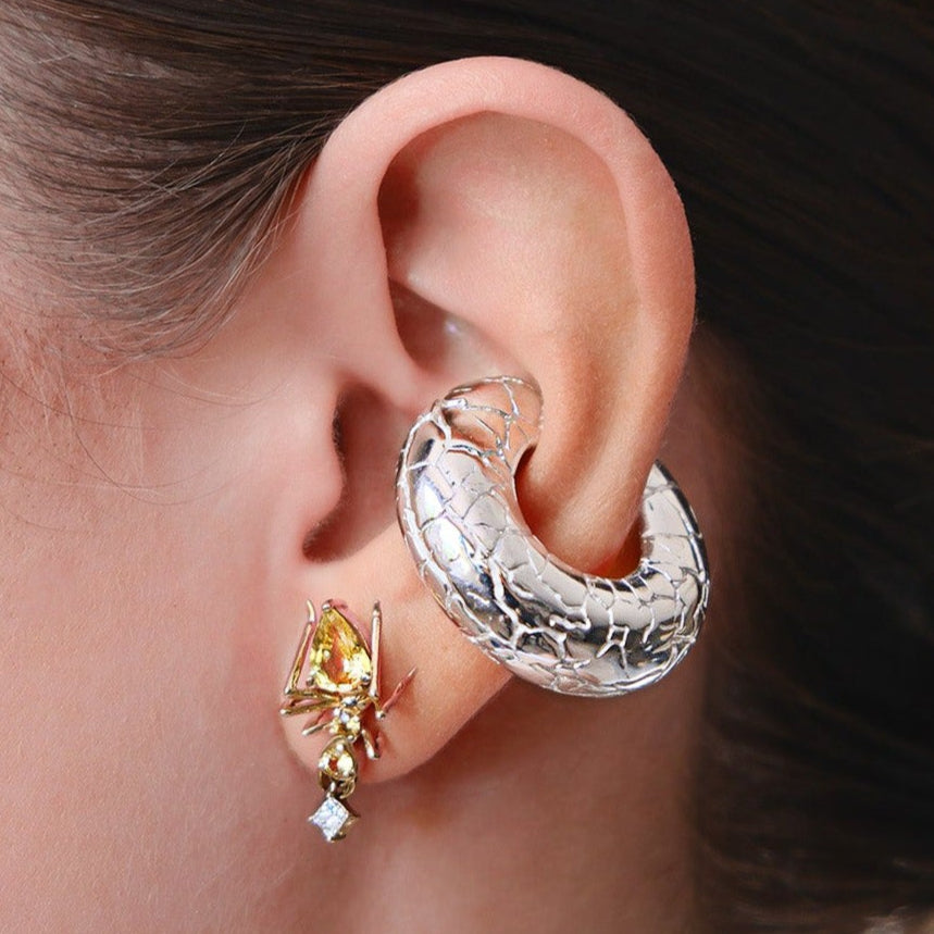 Cocoerow Silver Mini Cracked Effect Beatrice Ear Cuff Okuta Collection Sculptural Fine Jewelry On Model