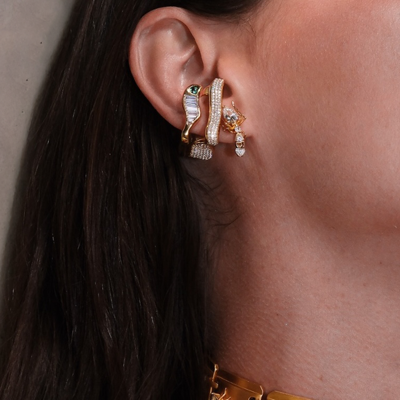 Mobi Ear Cuff Convertible Ring Yellow Gold and Green Emerald
