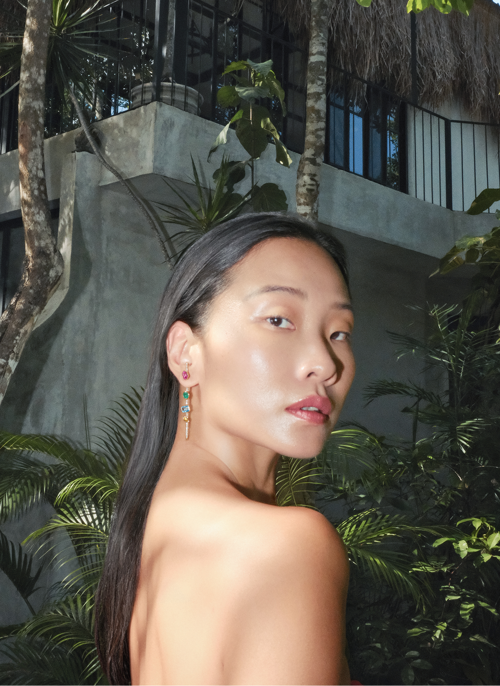 Cocoerow Fine Jewelry Vira pin earring with multicolored gemstones - pink topaz, blue topaz, green emerald, and yellow sapphire, luxury jewelry styling