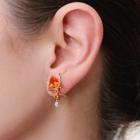 Cocoerow Kokoro Stud Earring 14K Yellow Gold Mexican Fire Opal Diamond Sculptural Fine Jewelry On Model