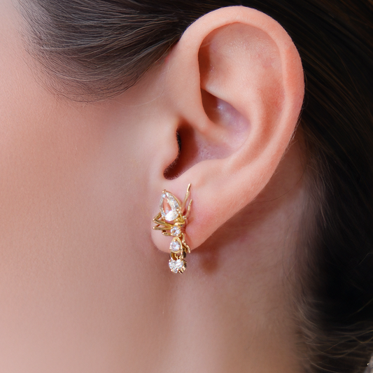 Cocoerow Kokoro Stud Earring 14K Yellow Gold White Sapphire Heart Shaped Diamond Sculptural Fine Jewelry On Model