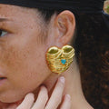 Cocoerow Large Heart Earring 14K Yellow Gold Blue Topaz Sculptural Fine Jewelry Front View