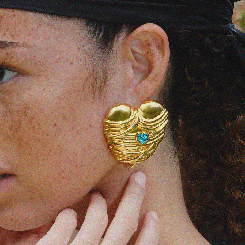 Cocoerow Large Heart Earring 14K Yellow Gold Blue Topaz Sculptural Fine Jewelry Front View