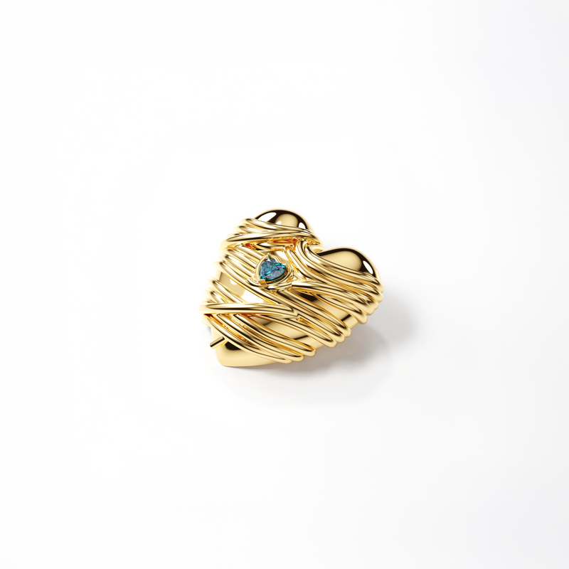 Cocoerow Large Heart Pasta Earring 14K Yellow Gold Blue Topaz Sculptural Fine Jewelry