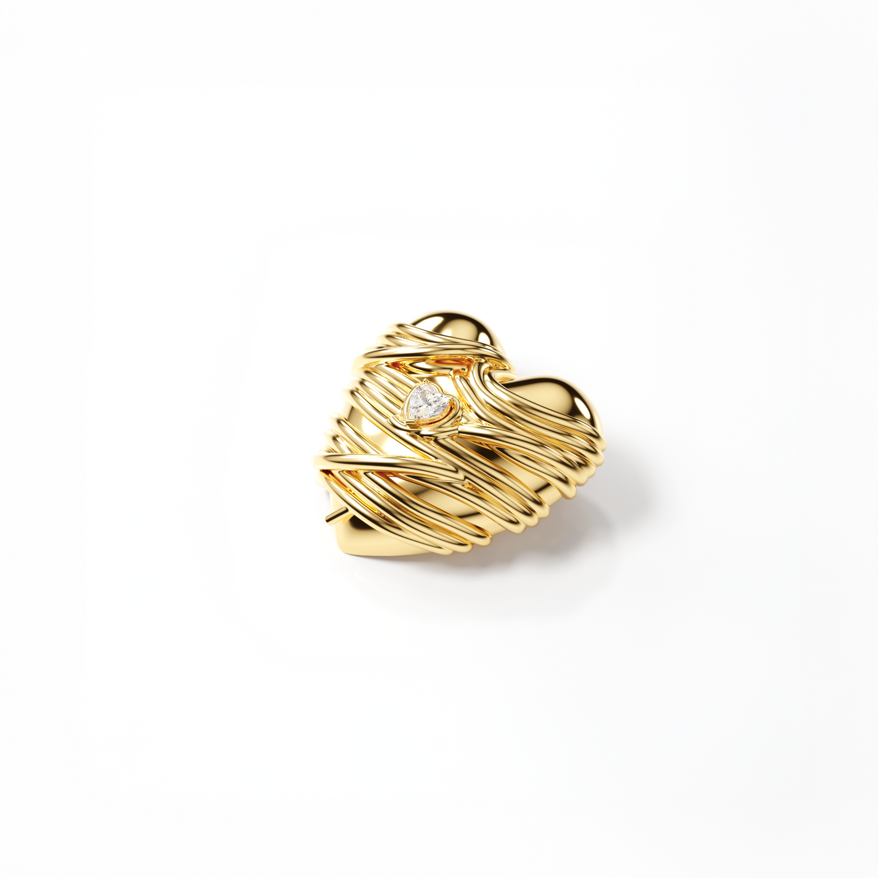 Cocoerow Large Heart Pasta Earring 14K Yellow Gold White Diamond Sculptural Fine Jewelry