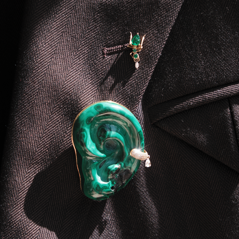 Cocoerow Malachite Ear Brooch Okuta Collection Gold Backing Sculptural Fine Jewelry Mens Blazer Lifestyle