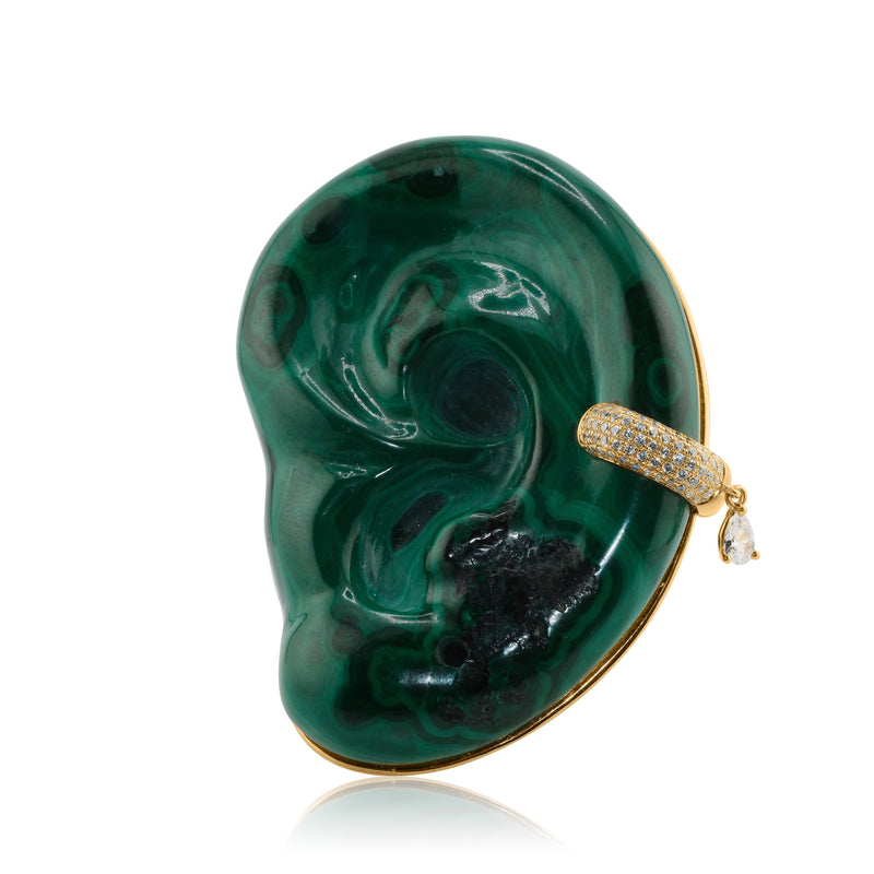 Cocoerow Malachite Hand Carved Ear Brooch Gold Backing Okuta Collection Sculptural Fine Jewelry