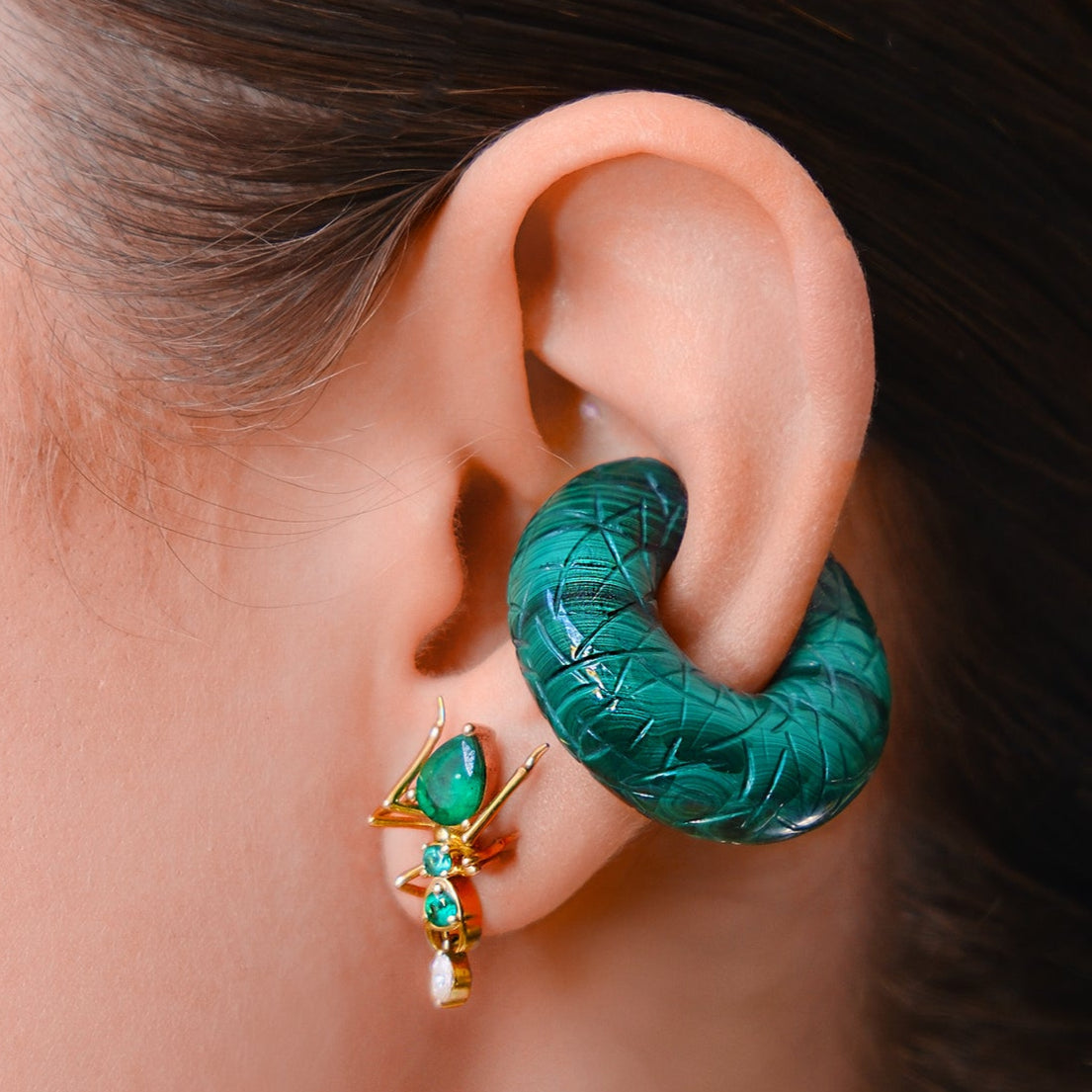 Cocoerow Mini Beatrice Malachite Ear Cuff Okuta Collection Sculptural Fine Jewelry On Model