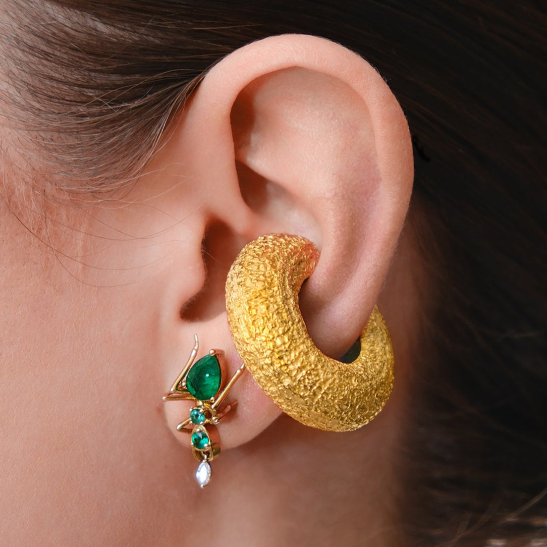 Cocoerow Mini Textured Beatrice Ear Cuff Okuta Collection Sculptural Fine Jewelry On Model Ear