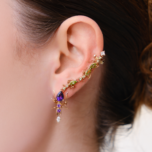 Cocoerow Olofin Earring 14K Yellow Gold Amethyst Peridot Diamond Sculptural Fine Jewelry On Model