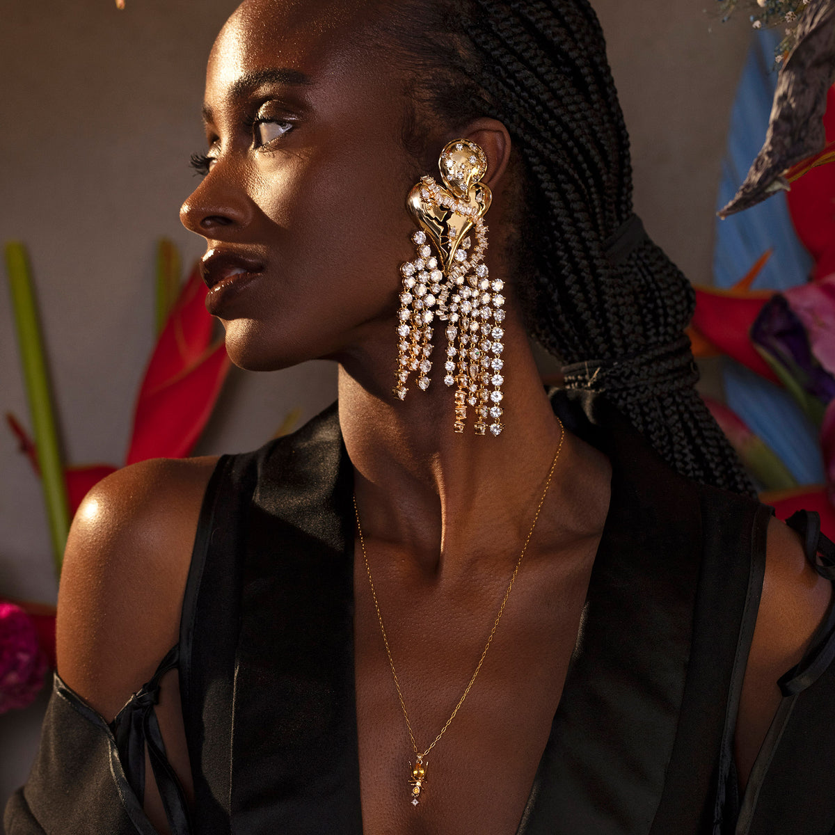 Cocoerow Statement Earring 14K Yellow Gold Crystal Sculptural Fine Jewelry On Model Side View