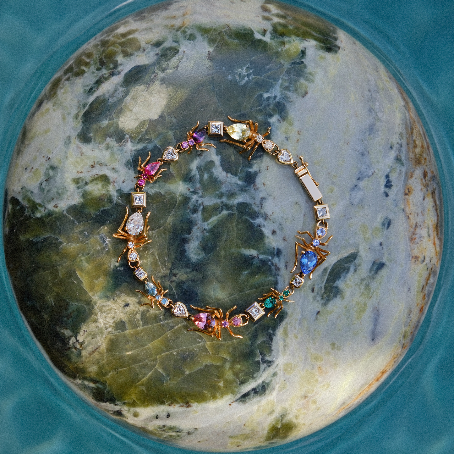 Ant Tennis Bracelet, 14K Gold and Colored Gemstones and White Diamonds